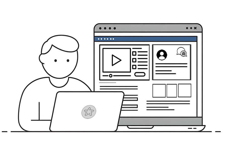 ilustración con un estudiante viendo un curso online en el pc