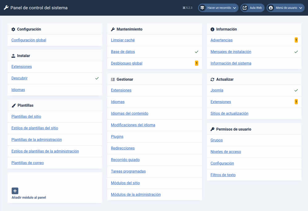 panel control sistema