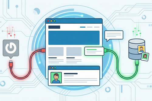 ilustración con un cable rojo que desconecta rgravatar a una web y con un cable verde que conecta la base de datos a la web para coger el avatar